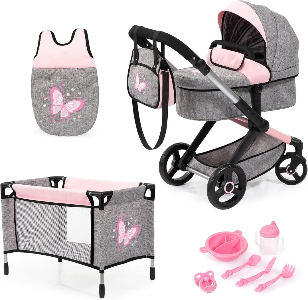 Bayer Design Dolls: Xeo Mega 10 Piece Set - Grey, Pink, Fairy - Pram, Bed, Handbag, Feeding & Care Accessories for Dolls Up to 18", Kids Toy, Ages 3+