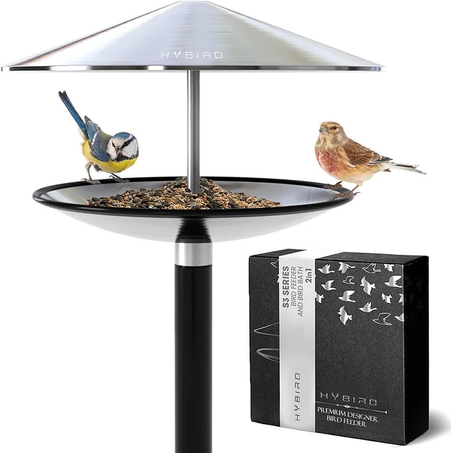 HYBIRD Bird Feeder and BirdBath Combo with Stand – Rust Proof Stainless Steel Metal Bird Feeder with Aluminum Pole is Frost Proof and Weatherproof, Attracts Cardinals, Chickadees, Finch, Wild Birds
