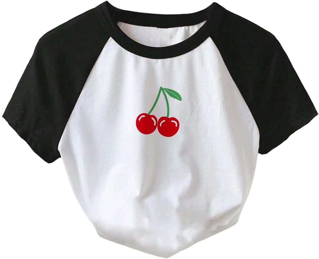 SweatyRocks Women's Color Block Cherry Graphic Tees Crop Top Summer Raglan Sleeve T Shirts (White, XS)