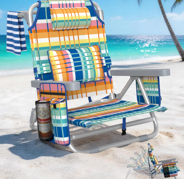 5-Position Backpack Beach Chair for Adults with Lumbar, Foldable Tall Heavy-Duty Beach Chairs with Cooler Bag,Cup Holder,Towel Rack for Beach, Camping, Outdoor