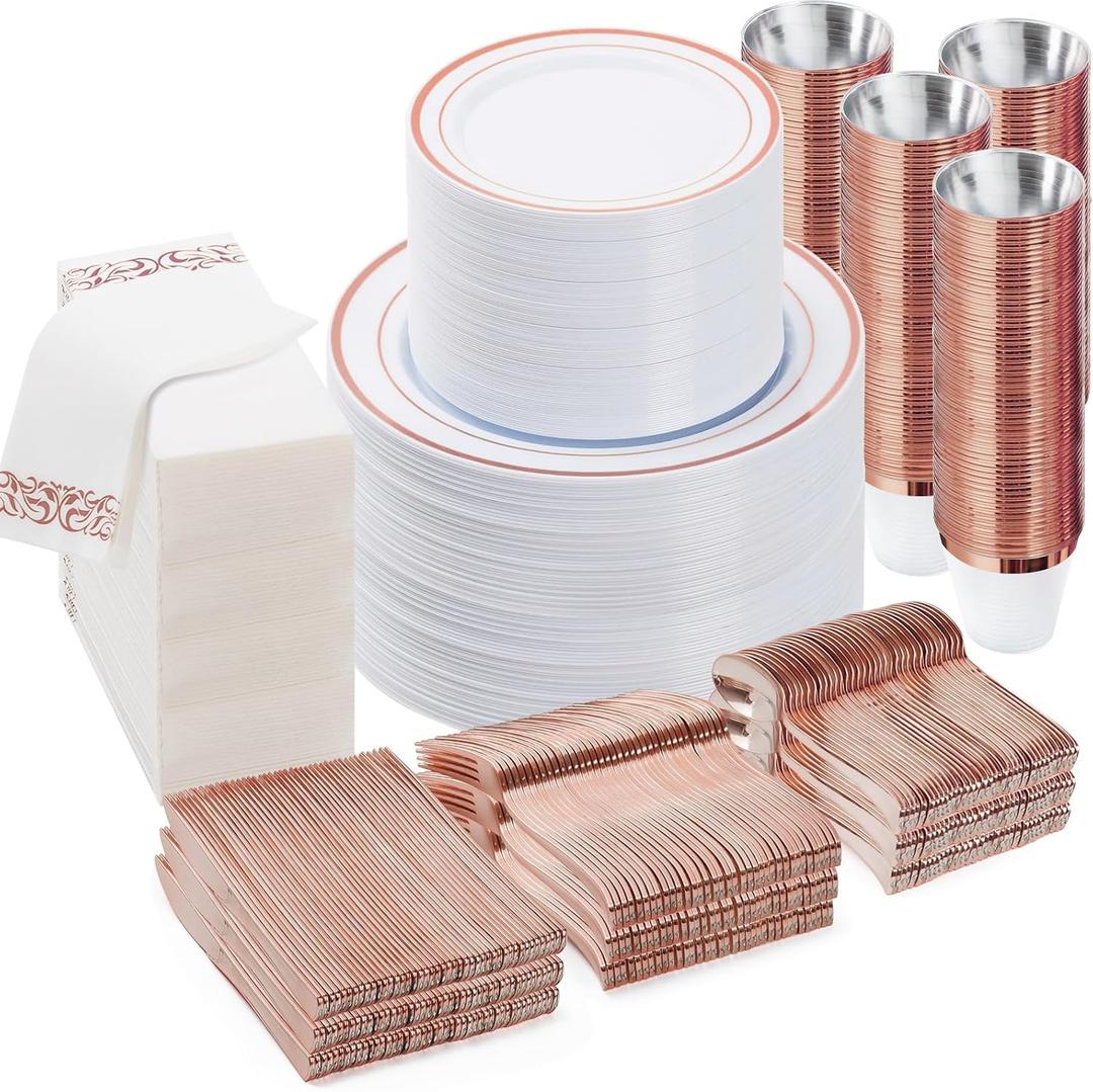 BESTVIP 700PCS Rose Gold Disposable Dinnerware Set for 100 Guests, Plastic Plates for Party, Wedding, Christmas, Include: 200 Plastic Plates, 100 Gold Silverware, 100 Cups, 100 Napkins
