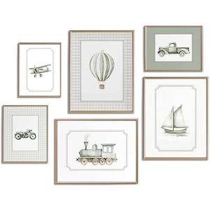 Set of 6 Sage Green Nursery Wall Art Boys Room Canvas Poster Kids Wall Decor Vintage Vehicle Prints Baby Toddler Pictures Transportation Plane Train Painting Artwork for Bedroom 12"x16" Unframed