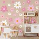 TaoBary 12 Sheets Daisy Wall Decal Flower Wall Sticker Cute Daisy Sticker Pink White Flower Decal Peel and Stick Floral Wallpaper for Nursery Bedroom Home Decor(Pink Color,Vibrant Style)