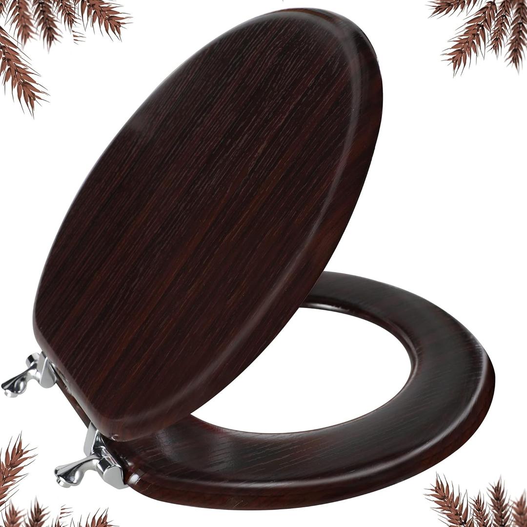 Round Toilet Seat Molded Wood Toilet Seat with Zinc Alloy Hinges, Easy to Install also Easy to Clean, Anti-pinch Wooden Toilet Seat by Angol Shiold (Round, Dark Brown)