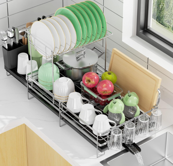Pantasia Large 2 Tier Dish Drying Rack, Extendable Dish Rack, Stainless Steel AntiRust Dish Rack for Kitchen Counter, Multifunctional Dish Drainer with Utensil & Cup Holder, 13.4"28.7" L x 11.8" W