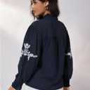 Milumia Women's Floral Embroidery Puff Long Sleeve Blouse Boho Button Front V Neck Shirt Tops (L)