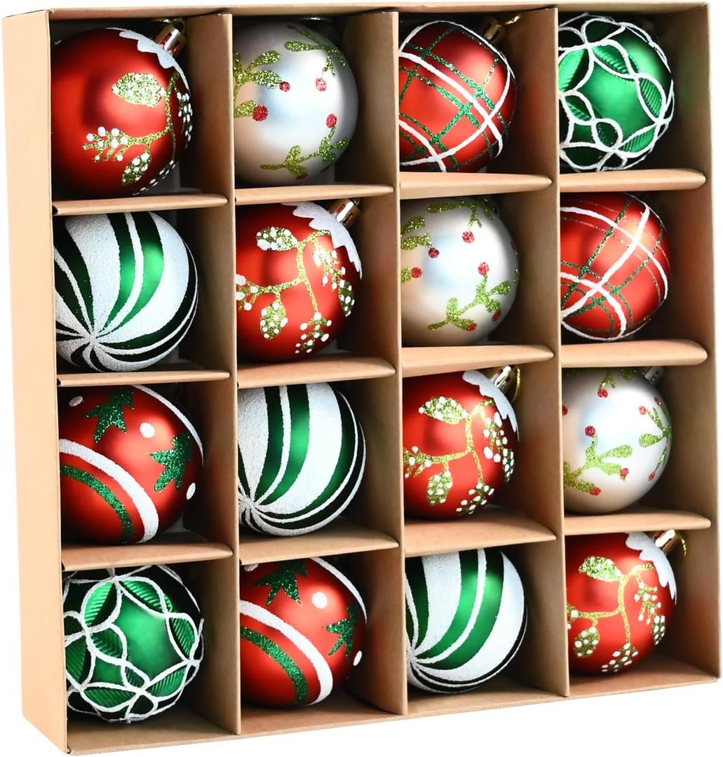 3.15 Christmas Balls Ornaments - 16PCS Plastic Christmas Tree Balls, White Green Silver and Red Hanging Decorations, Shatterproof Ornaments for Christmas