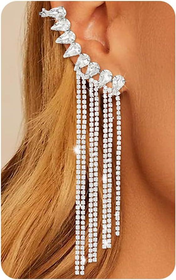 Long Sparkly Rhinestone Wave Shape Dangle Earrings for Women,Crystal Statement Drop Dangling Earrings,Lightweight Chandelier Jewelry for Wedding Party Prom Evening