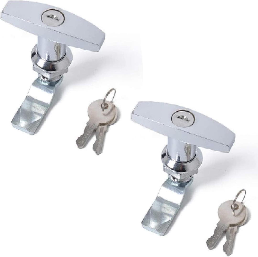 2 Pcs T Handle Door Lock RV Trailer Door Cam Lock Zinc Alloy Bright Chrome Garage Door Lock Latch Cabinet Toolbox Handle Lock