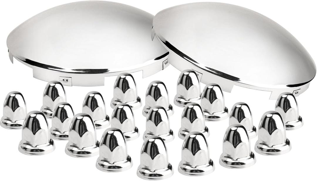 Semi Truck Front Hub Cap Cover with 33mm Lug Nut Cover- 5 Even Notched - for Front Wheel Universal Fit - 2 Pc Pack, Lip: 7/16" with Pre-Installed Clips (Dome Top, Stainless Steel)