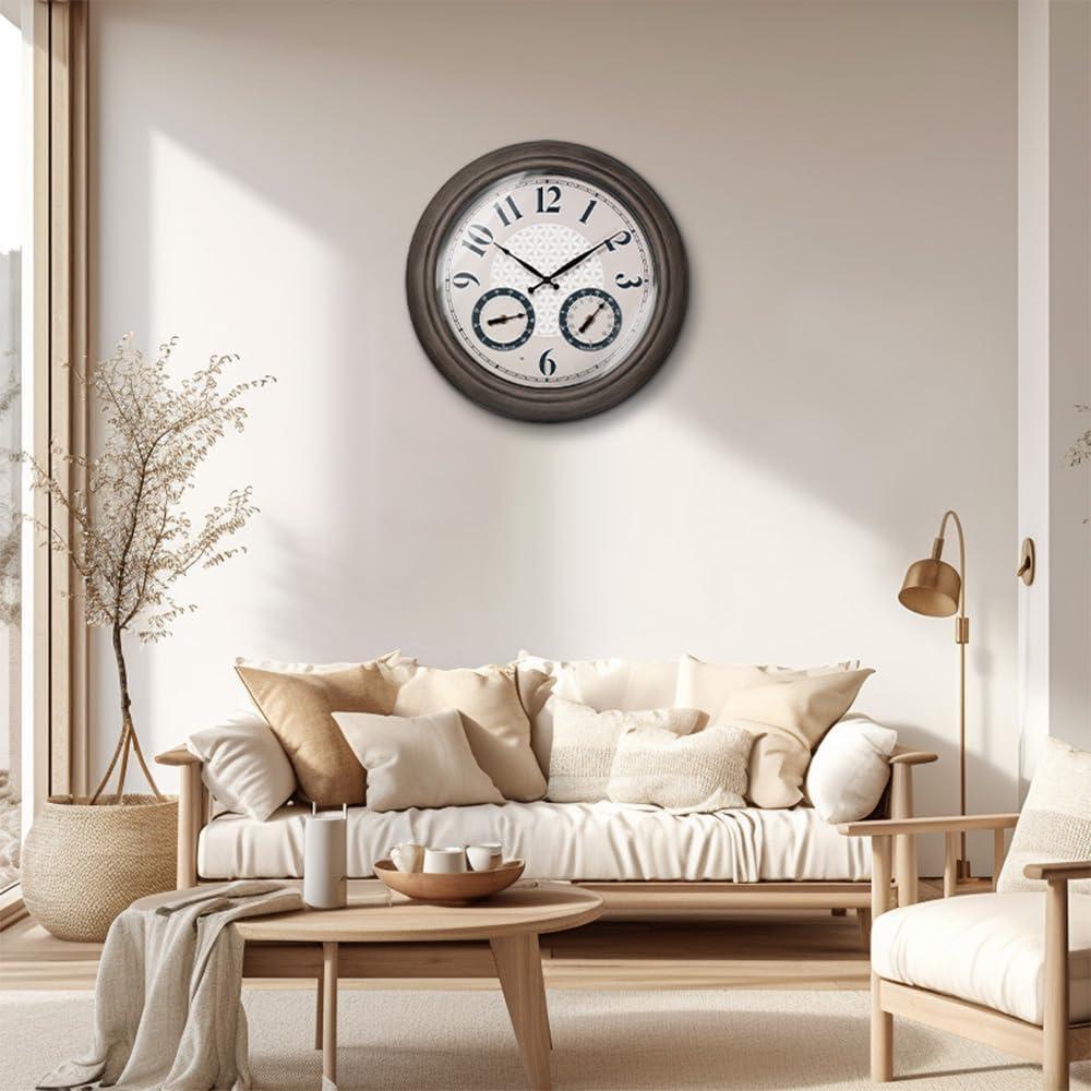 Presentime & Co 18" Indoor/Outdoor Luminous Farmhouse Wall Clock with Thermometer & Hygrometer, Weather Thermometer-Grey Oak Finish, Bright Warm Light (Grey Oak Finish)