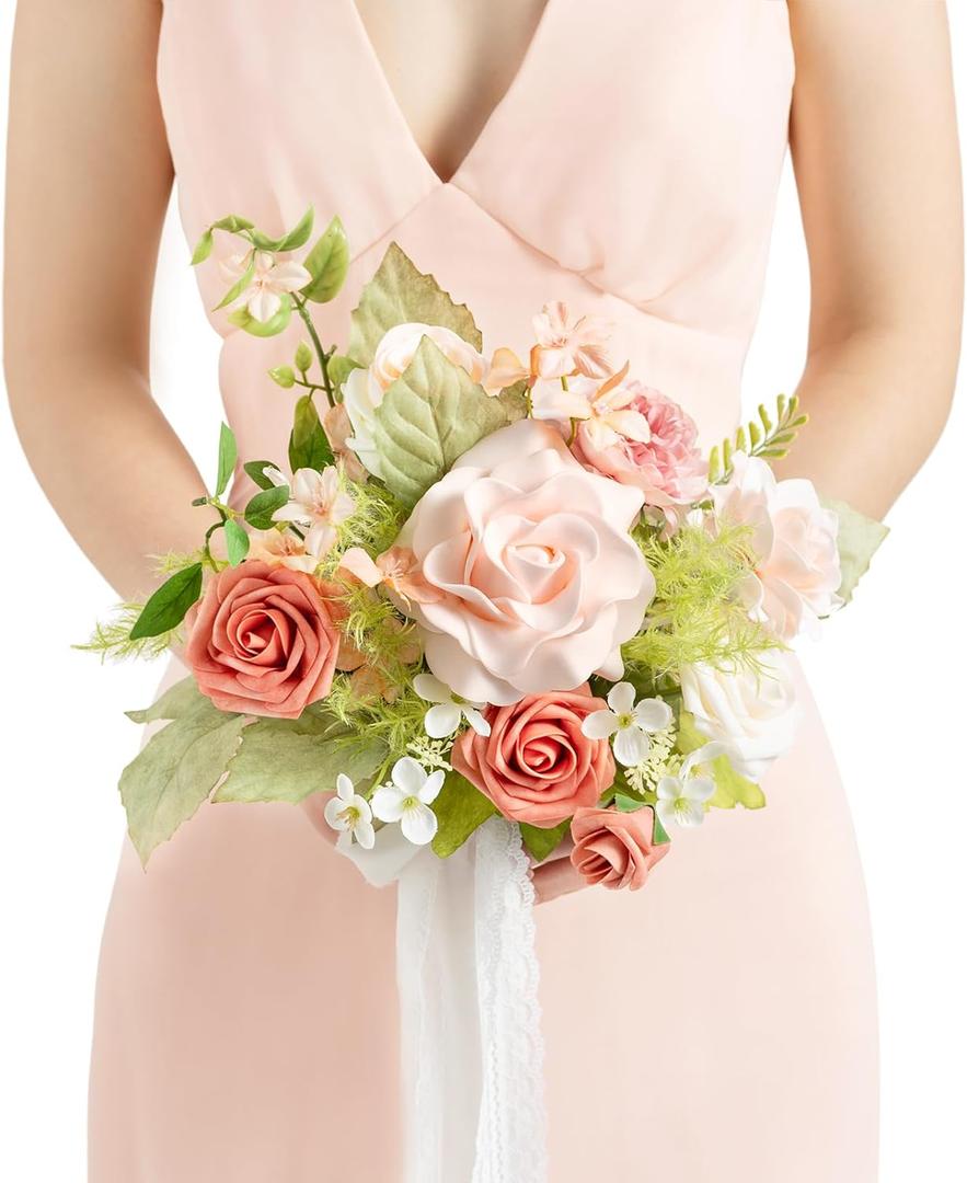 Ling's moment Pink Artificial Wedding Flower Bouquets for Bridesmaids Blush Floral Bouquet Bridesmaid Bouquets with Ribbon Ceremony Anniversary,7-inch Diameter (Pk-blush Garden)