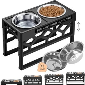 Small Dog Bowls Elevated, 4 Height Adjustable Raised Dog Bowl Stand with 2 Stainless Steel Food and Water Bowls Set, Tall Dogs Feeding Station with Anti-Slip Base for Small Medium Breeds Dogs