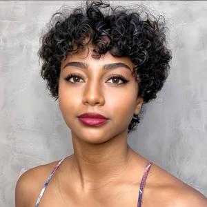 Besteffie Pixie Cut Curly Wave Wigs for Black Women Short Human Hair Wigs With Bangs No Glue Curly Human Hair Wig for Daily and Party Use (6 Inch, 1B)