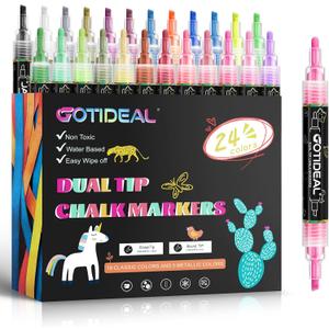 GOTIDEAL Chalk Markers Dual Tips,Erasable Liquid Chalk Marker for Blackboard,Washable Chalk Pens for Auto,Car,Glass,Mirror,Chalkboard,Window markers,24 Colors Chalk Board Markers with Metallic Colors