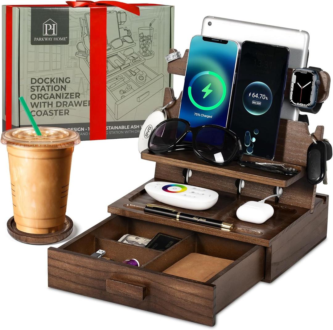 Wood Phone Docking Station for up to 3 Phones - Nightstand Organizer with Drawer for Valuables for Men & Women, Compatible with Apple Watch, Holds Phones, Tablets, Keys, Rings, Glasses, Watches & EDC (Drawer, For Apple Watch, Brown)