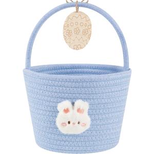 OIAHOMY Gift Basket with Handle, Personalized Baby Basket for Kids, Woven Rope Gift Empty for Toys, Baby Treasure Hunt Baskets with Wooden Card for Boys and Girls - Blue (7.9"D x 5.9"W x 5.9"H)