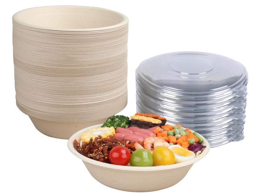 JAYEEY 32 oz Round Disposable salad bowls with lids, Sugarcane Fiber Paper Bowls take away food containers Plant Fibers Freezer Safe 50 Pack
