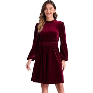 Allegra K Velvet Dresses for Women's Smocked Waistline Long Sleeve Wedding Guest Dress (X-Large, Red)