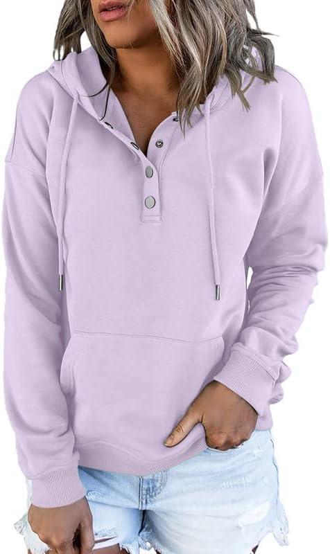 Dokotoo Womens 2025 Hoodies Button Collar Drawstring Hooded Pullover Sweatshirt Casual Long Sleeve Tops Shirts (Medium, Purple 3)