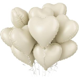 Cream Heart Balloons, 10PCS Cream White Foil Heart Shape Balloons, 18inch Beige Foil Valentine Balloons for Helium Nude Neutral Love Balloon for Valentines Day, White Wedding, Birthday Decorations