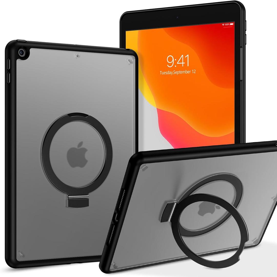 VENINGO iPad 9th Generation Case,iPad 8th Gen Case, iPad 7th Gen Case, iPad 10.2 Case, Foldable Kickstand Ring Translucent Matte Slim Thin Not Yellow Shockproof Protective Tablet Cover, Black