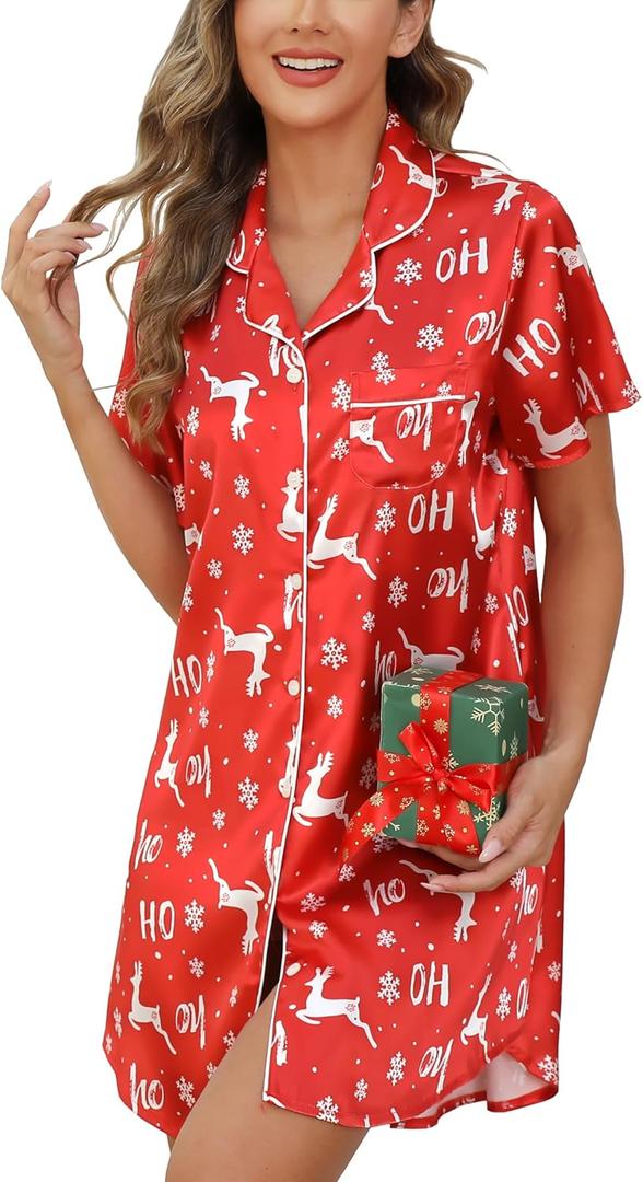 Samring Women's Satin Nightshirt Short/Long Sleeve Button Down Sleepshirt Silk Pajamas Sleep Shirt Nightgown for Women (Red Elk Christmas, Small)