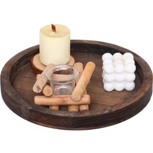 Rustic Wooden Serving Tray  Handcrafted Round Farmhouse Tray, Lightweight Paulownia Wood Decorative Tray for Coffee Table, Candle Holder, Breakfast in Bed, and Multi-Purpose Home Decor (Round-brown Distressed)