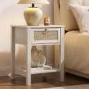 SICOTAS White Nightstand Set of 2,Rattan Decor Drawer with Brass Knobs Night Stand Bedside Table Boho End Tables Side Tables with Storage Shelf for Bedroom,Small Space