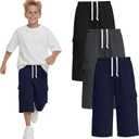 3 Pack Boys Cargo Capri Pants 6-16 Years with 4 Pockets Wide Leg Loose Elastic Waist Drawstring Shorts Sweatpants