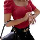 Valphsio Womens Puff Short Sleeve Top Square Neck Elegant Ribbed Knit T Shirt Summer Cute Slim Fit Tee Blouse XXL