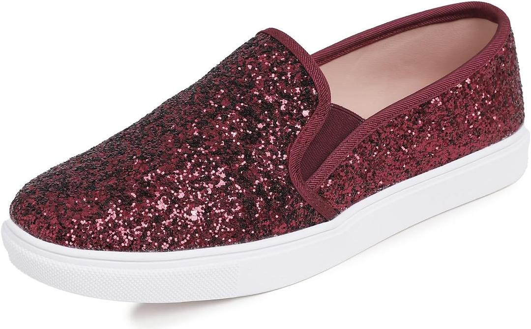 FEVERSOLE Women's Fashion Slip-On Sneaker Casual Flat Loafers (9.5, Burgundy Glitter)