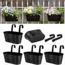 Metal Railing Planters for Outdoor Plants - 5 Pcs Balcony Hanging Flower Pots with Detachable Hooks & Drain Holes, Windowsill Oval Hanging Bucket Pots Fence Planters for Garden Home Decor, Black