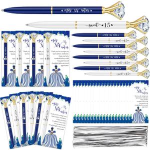 25 Set Quinceanera Party Favors for Guest Sweet 15 Diamond Pens Bulk Mis XV Aos Fancy Ballpoint Pen with Thank You Cards and Ties 15th Birthday Thank You Gifts,(White, Dark Blue)