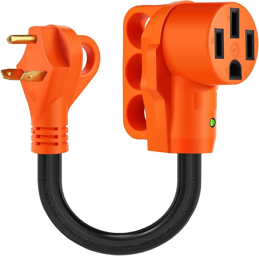 30 Amp to 50 Amp RV Adapter Cord,NEMA TT-30P to NEMA 14-50R Electrical Power Adapter with LED Power Indicator,10 Gauge RV Dogbone Adapter Cord 12 Inch with Grip,ETL Listed