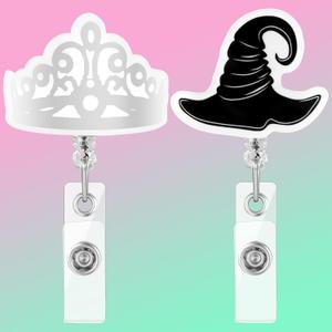 Landical 2 Pack Witch Themed Party Favors Retractable Badge Reel for ID Card Witch Pink and Green Party Supplies Gift Acrylic Princess Crown ID Badge Holder Clip for Halloween Office Doctor Nurse Week