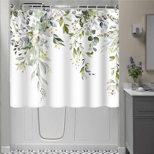 Short Shower Curtain, Waterproof Spring Green Eucalyptus Shower Curtain with Hooks for Walkin Tub or Step in Tub, 72x66 inch