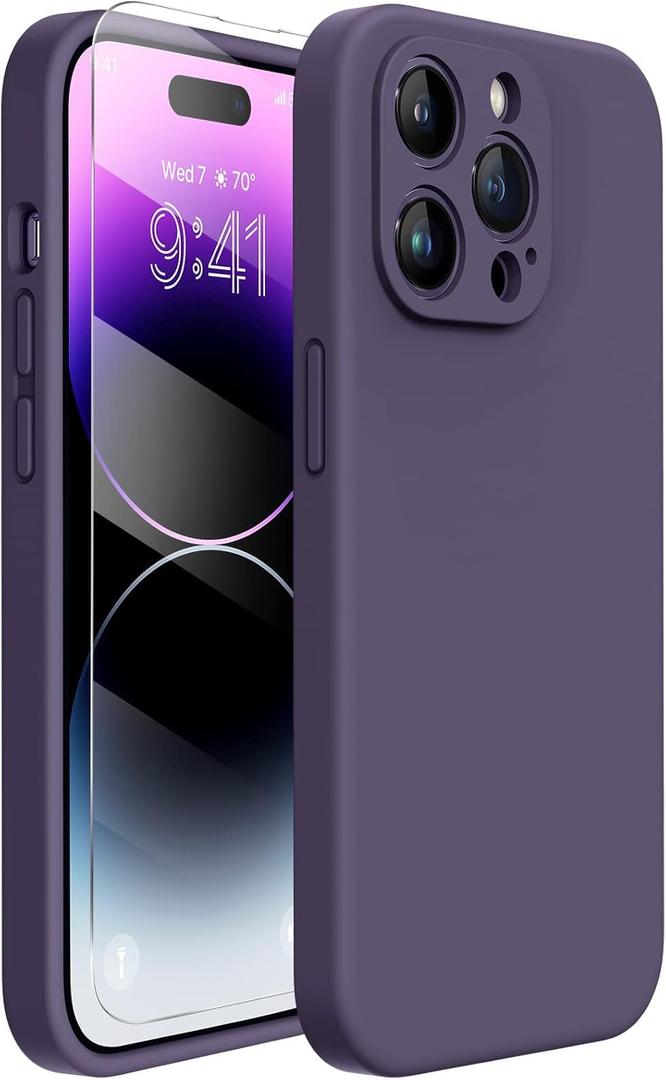 Miracase Designed for iPhone 14 Pro Case, with Tempered Glass Screen Protector, [Upgraded Camera Protection], Shockproof Liquid Silicone Rubber Phone Case Cover for 14 Pro 6.1 inch, Dark Purple