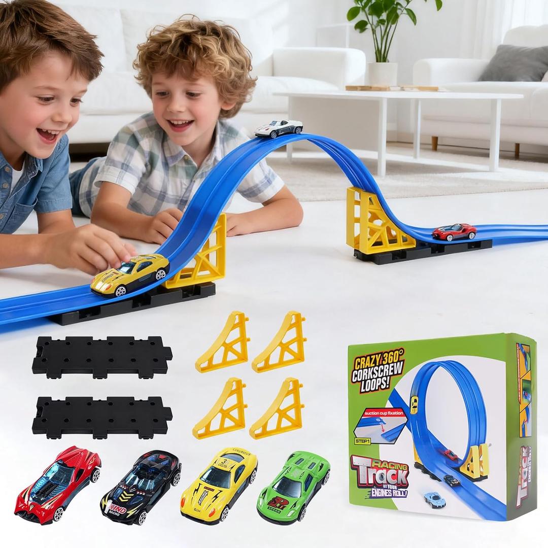 Flexible Race Track for Kids - 15Ft Car Track with 4 Vehicle in 1:64 Scale, 4M DIY Car Ramp Roll Up, Play Race Cars for 3 4 5 6 Year Old Boys Girls, Little People Gifts for Birthday Christmas (Blue)