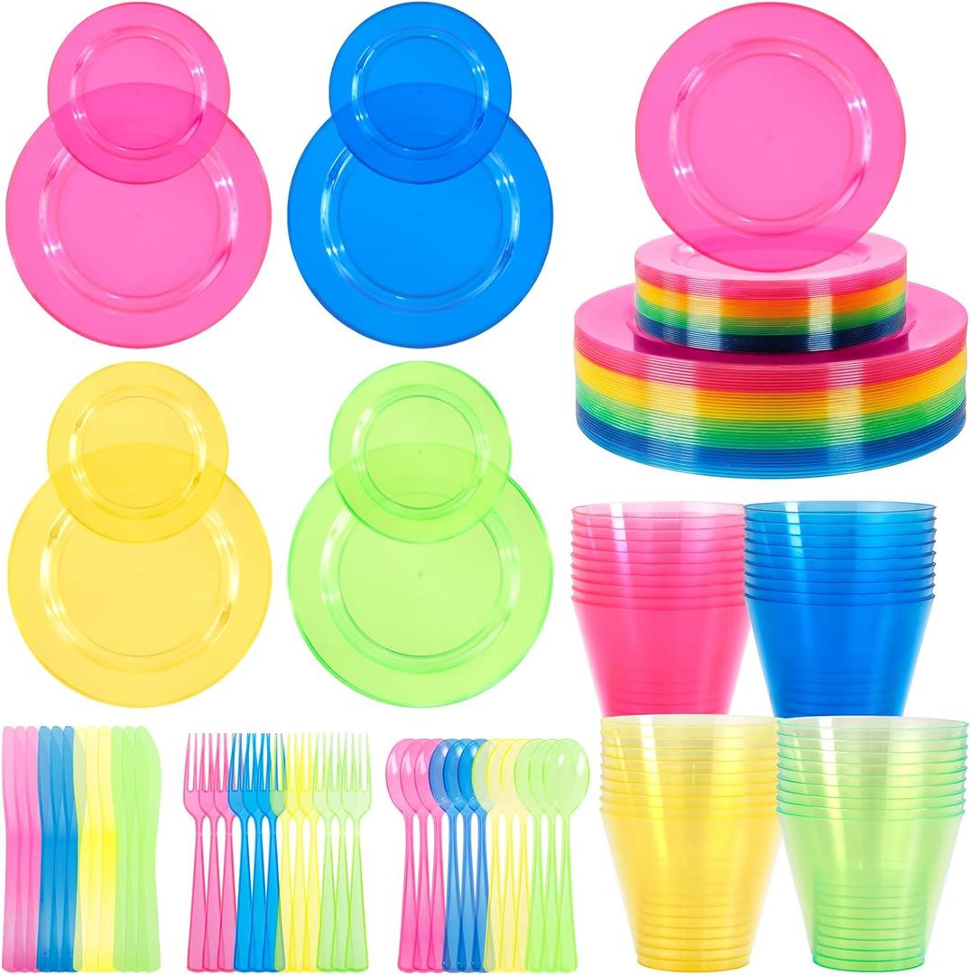 Supernal 216pcs Plastic Dinnerware Set include Rainbow Disposable Plates for Party Heavy Duty,Colorful Disposable Cups,Plastic Silveware in Neon Pink,Blue,Green,Yellow, Pefect for Birthdays