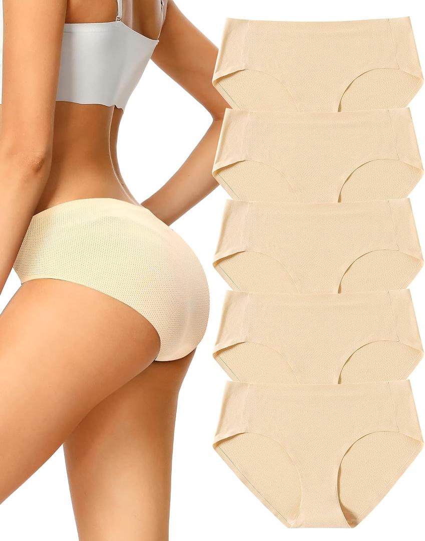 voenxe Women Seamless Hipster Underwear,No Show Ladies Panties Bikini,Full Coverage Breathable Briefs,Comfy,Invisible,5-Pack (Beige) M