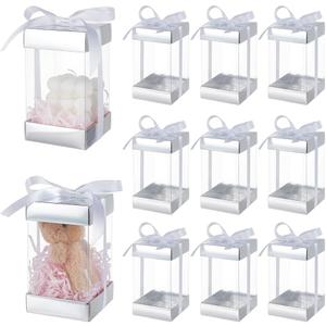 BENECREAT 10Pcs Clear Plastic Gift Box with Silver Paper Lid, Rectangle Gift Packaging Boxes with Polyester Ribbon for Birthdays, Weddings and Christmas, 3.2x3.2x5.7inch