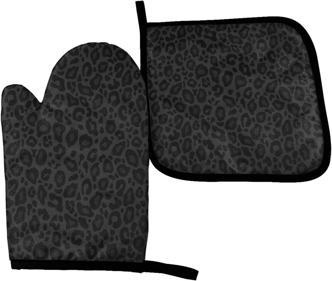 Perinsto Black Leopard Oven Mitts & Pot Holders Kitchen Set Heat Resistant Decorative Cooking Gloves Microwave Oven Gloves for Baking Grilling BBQ