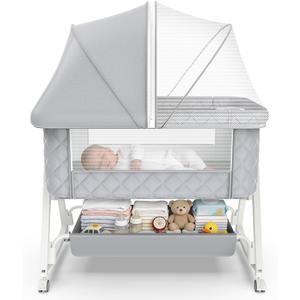Baby Bassinet, 5 in 1 Bedside Bassinets for Baby, Bassinet Bedside Sleeper with Wheels, Mosquito Net, Adjustable Height, Easy Folding & Storage Basket, Single Extra Large