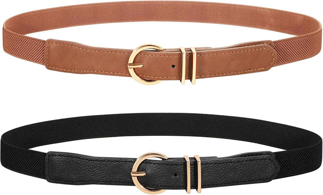 2 x WERFORU 2 Pack Womens Skinny Elastic Waist Belt With Gold Buckle Thin Stretchy Belt for Dress Jeans (A-black+brown)