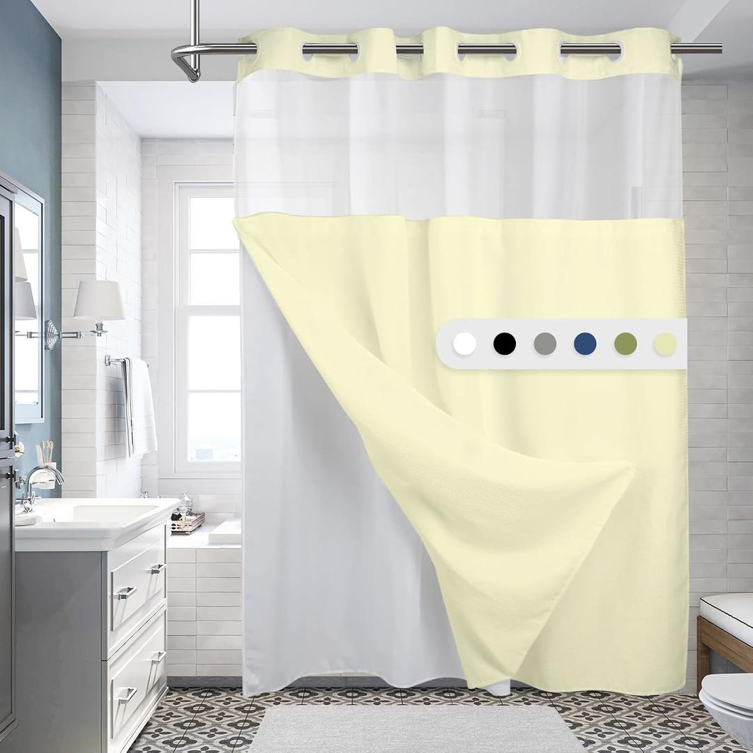 Beige No Hook Shower Curtain with Snap in Liner Set,Modern Fabric Shower Curtains for Bathroom Hotel Style Decor 71x74