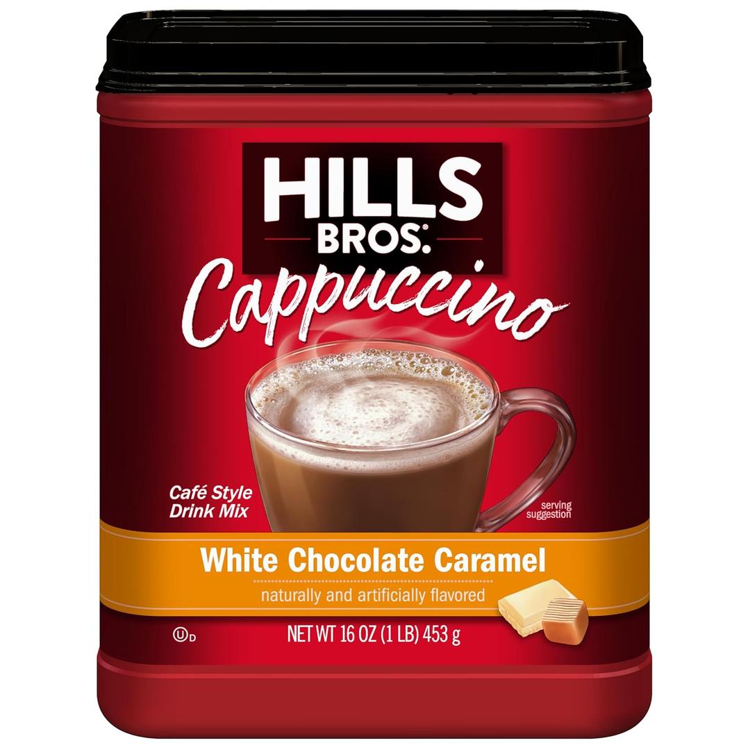 Hills Bros. Cappuccino Mix Rich, Frothy Coffeehouse-Tasting Instant Drink Mix Quick and Easy Preparation Perfect for Hot & Iced Drinks & Creaming Coffee White Chocolate Caramel, 1 Pack of 16oz (EXP 08/26/26)