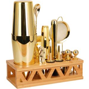 Cocktail Shaker Set, Boston Shaker Bartender Kit with Bamboo Stand,13 Piece Bar Set Stainless Steel Bar Accessories for Drink Mixing, Bar, Home, Party (Gold)