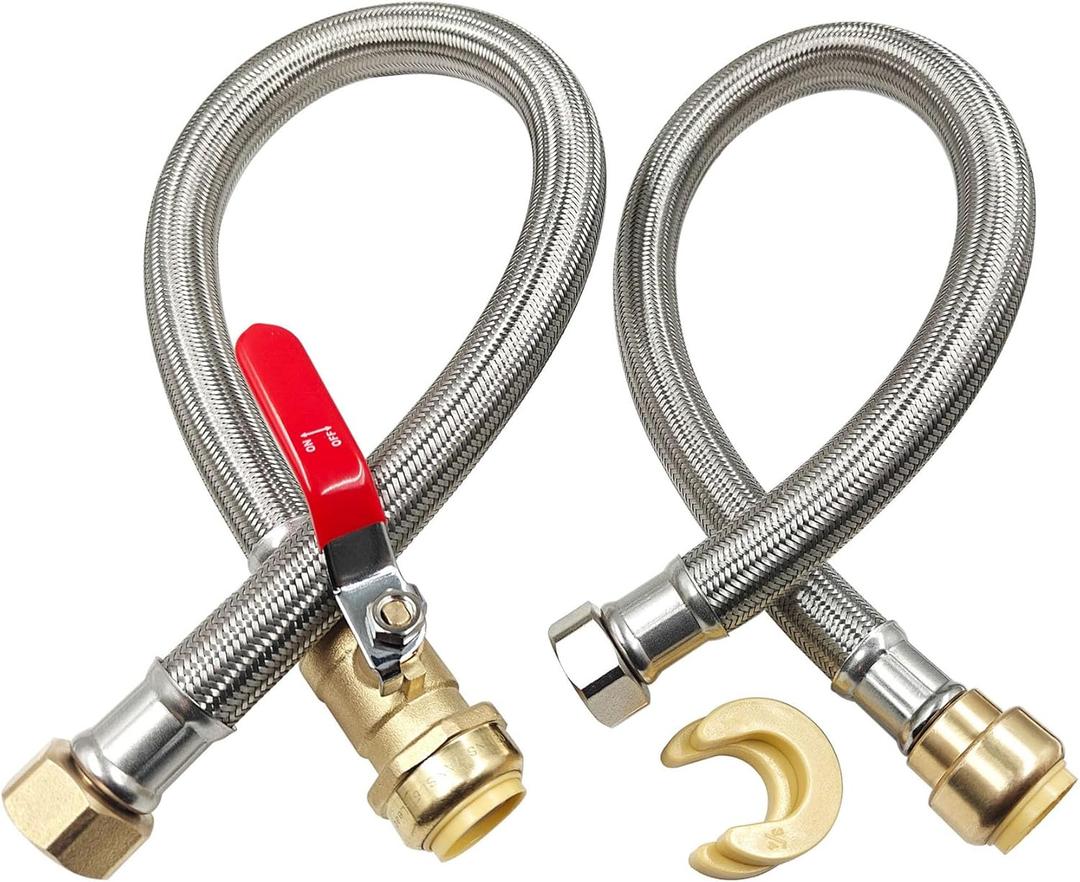3/4" Ball Valve x 3/4" FIP x 24" Water Heater Hose Connector, Stainless Steel Braided Corrugated Flexible Water Heater Connector, Push To Connect Brass Plumbing Fitting, Copper, Pex, CPVC, 2 Pack