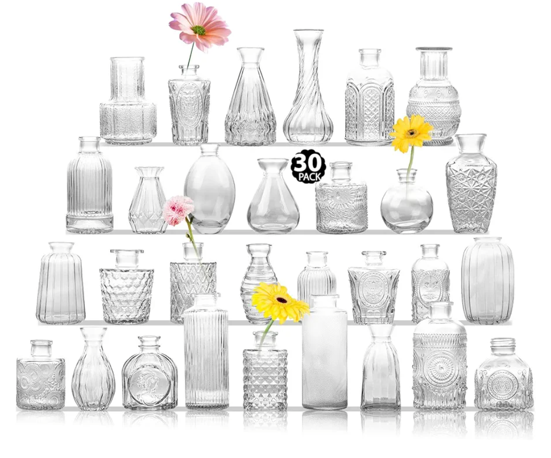 Glass Bud Vase Set of 30, Clear Bud Vases in Bulk, Small Flower Vases for Table Centerpieces, Mini Vintage Vases for Rustic Wedding Party, Bridal Shower, Home Decoration (30 Pack)